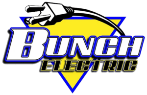 Logo of Bunch Electric featuring a stylized electric plug above the word "Bunch" in blue and "Electric" in yellow, set against a yellow triangle with a blue outline.