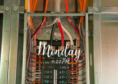 Electronic panel with multiple colored wires connected. "Monday" and "4:20 PM" are written over the image in white text.